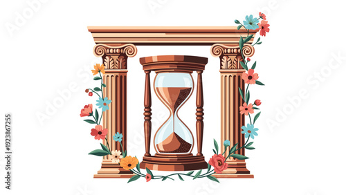 Classic wooden hourglass standing between two ancient greek ionic columns adorned with colorful blooming flowers against a white backdrop.