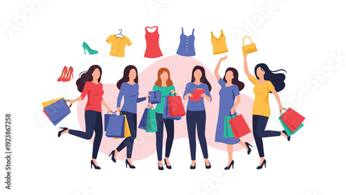 Group of stylish women celebrating a successful shopping trip holding colorful bags with various fashion clothing icons floating overhead.