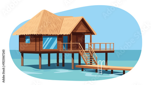 Luxurious wooden overwater villa with a thatched roof and private ladder into the turquoise sea located in a tropical resort destination.