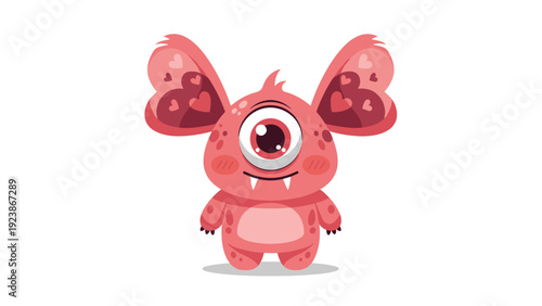 Adorable pink one eyed monster character with large heart patterned ears standing and smiling on a plain white background for kids design.