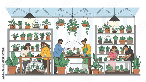 Diverse group of people tending to various potted plants and succulents inside a large well lit indoor plant nursery or florist shop garden.