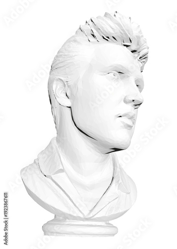 A white polygonal bust of a man stands against a plain background. This low-poly 3D sculpture has a modern and artistic geometric style.