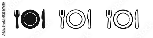 Dining and restaurant icons with fork, plate, and knife in solid, outline, and hand-drawn styles for food service.