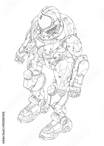 A sci-fi robot unit contour sketch. This printable coloring page features a clean white background for kids to enjoy.
