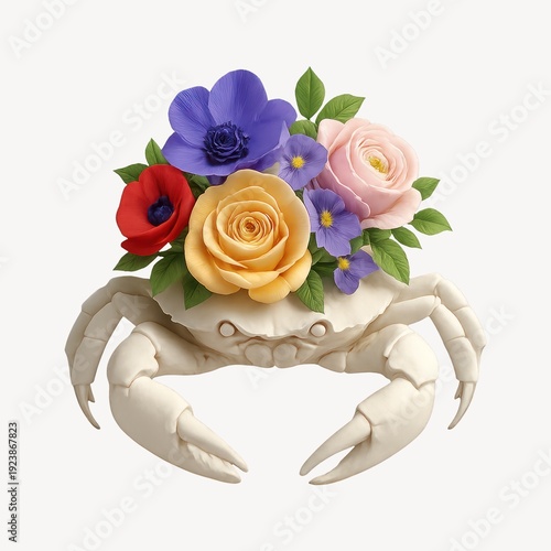 Crab adorned with colorful flowers.