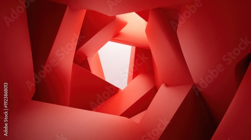 An abstract perspective view inside a geometric red tunnel with soft lighting. The walls of the tunnel are made up of angular shapes, creating a sense of depth and mystery