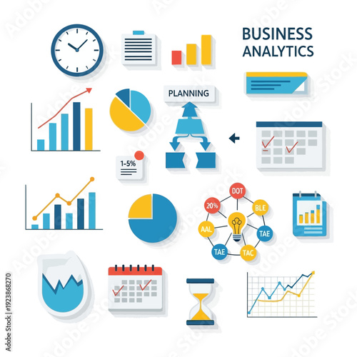 Business Analytics Icons Set: Planning, Data, Growth, Strategy, Success