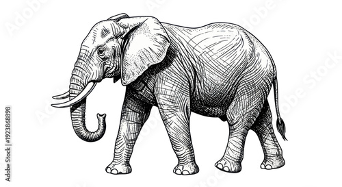 African Elephant Sketch Drawing Isolated White Background