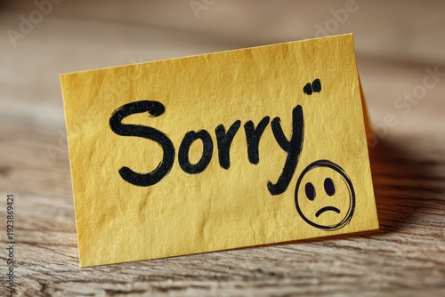 Sticky yellow note with inscription SORRY and a sad emoji. Colorful stick with Sorry word. Concept of to say sorry for making mistake, sincere apology to rebuild relationships with people you've hurt.