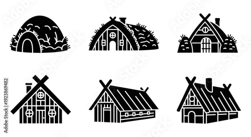 Ancient Dwellings: Set of Primitive Hut and Viking House Icons