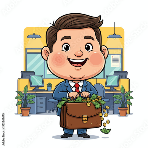 Cheerful entrepreneur character with overflowing wealth in modern office