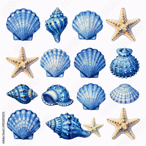 expressionist, coastal illustration series featuring blue seashells and starfish, perfect for beach-themed designs, summer stationery, scrapbooks, or nautical brand promotions