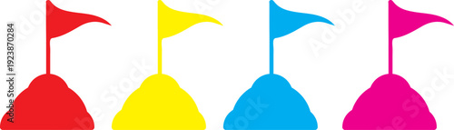 Four colorful flags on conical bases against a white background Vector, illustration