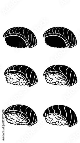 Black and White Salmon Nigiri Sushi Set, Minimalist Food Illustration