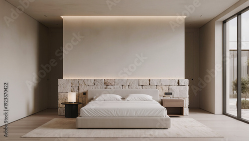 Wallpaper Mural A minimalist bedroom features a bed with white bedding a stone block headboard strip lighting side tables and a large window with an outdoor view Torontodigital.ca