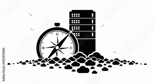 Compass guides towards cloud data servers, symbolizing direction in digital information.
