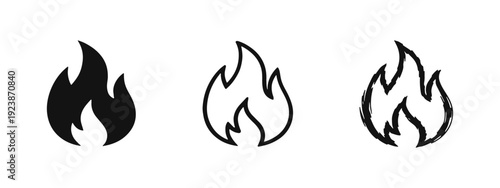 Set of Fire Flame Icons in Solid, Outline, and Hand-Drawn Sketch Styles, Representing Heat and Danger.