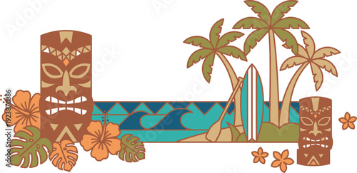 An inviting Hawaiian border featuring tiki masks palm trees and a surfboard for an island getaway