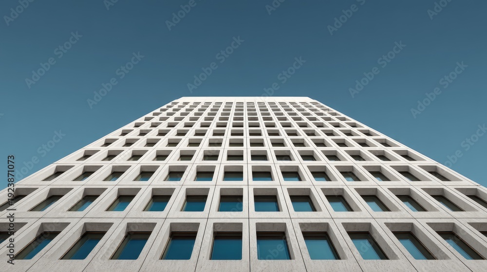 Fototapeta premium Modern Skyscraper with Geometric Facade Under Clear Blue Sky, Capturing Urban Architecture and Design Concepts from a Low Angle Perspective