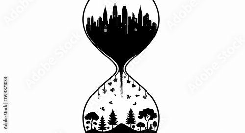 Hourglass symbolizes the passage of time, contrasting urban sprawl with nature's resilience.