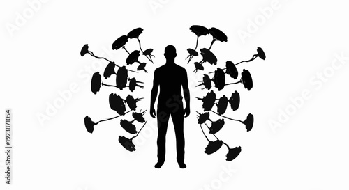 Silhouette of a person surrounded by abstract biological shapes, representing connection or isolation.