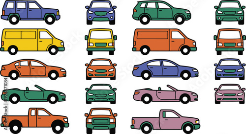A comprehensive collection of colorful cartoon vehicles including sedans trucks and vans in a flat design style
