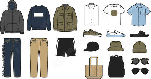 A comprehensive collection of modern casual men's fashion apparel and accessories for a complete wardrobe