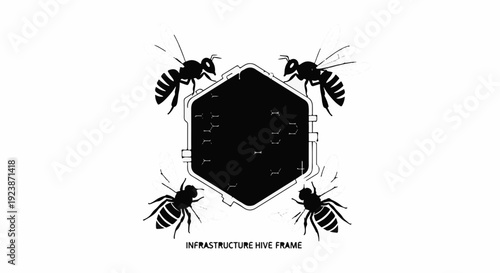 Four bees surround a dark hexagonal honeycomb structure, symbolizing teamwork and community.