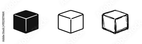 Set of Cube and 3D Box Icons in Solid, Outline, and Hand-Drawn Sketch Styles, Representing Geometry and Objects.