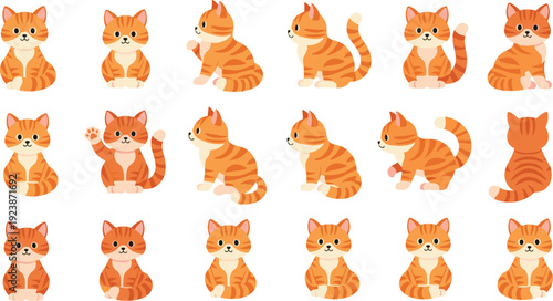 Cute Ginger Kitten Cartoon Character Poses Collection with Sitting Standing Waving and Back View Baby Cat Flat Vector Illustration Set Police Stop