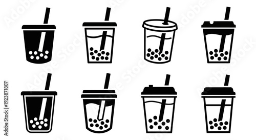 Bubble Tea Icons Set: Diverse Styles of Boba Drinks in Black and White