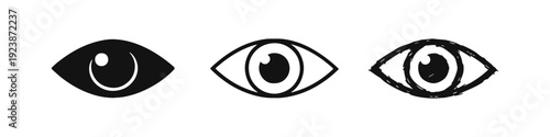 Set of Eye Icons Representing Vision, View, and Observation in Solid, Outline, and Hand-Drawn Sketch Styles.