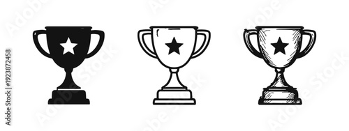 Set of Trophy Award Cup Icons in Solid, Outline, and Hand-Drawn Sketch Styles, Representing Success and Victory.
