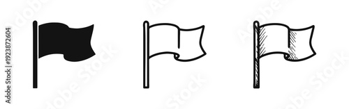 Set of Flag Icons in Solid, Outline, and Hand-Drawn Sketch Styles, Ideal for Location and Goal Marking.