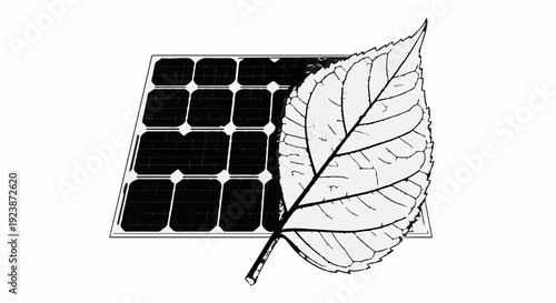 Clean energy concept: solar panel partially covered by a green leaf.