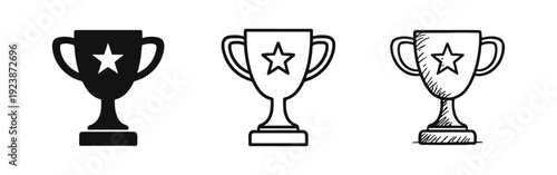 Set of Trophy Award Cup Icons in Solid, Outline, and Hand-Drawn Sketch Styles, Representing Success and Victory.