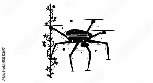 Futuristic insect-like drone with camera explores growing vine