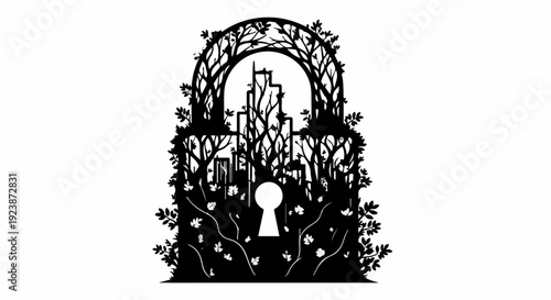 Enchanted garden gate with cityscape silhouette, symbolizing hidden access to urban dreams.