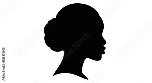 Silhouette of a woman's profile with her hair in a bun, clean black and white design.