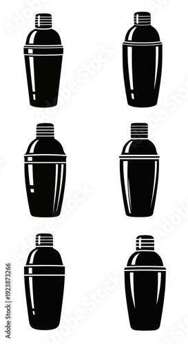 Collection of Black Cocktail Shakers, Barware Icons, Isolated on White Background