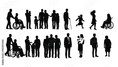 Diverse group silhouette with wheelchair users and families