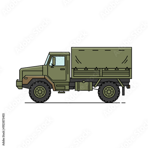 Military transport truck with flat tire isolated on white background. Concept of army logistics breakdown repair and transportation support challenge