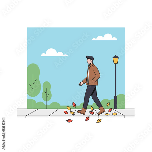 Man walking across sidewalk covered with colorful autumn leaves in city park. Concept of seasonal change peaceful stroll and reflective lifestyle mood