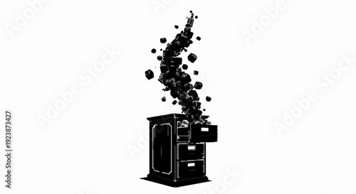 Abstract explosion of dark particles erupting from an antique cabinet