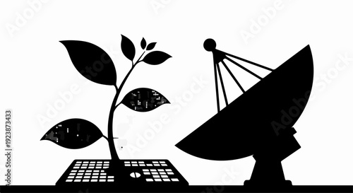 Growing plant emerges from keyboard near satellite dish, symbolizing technology and nature connection.