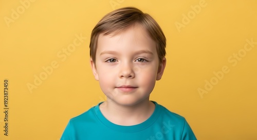 A young boy looking thoughtfully against a bright yellow background