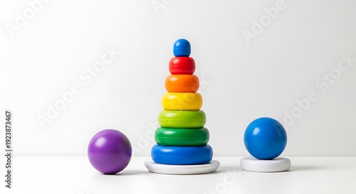 Colorful toy blocks and spheres arranged on a plain surface