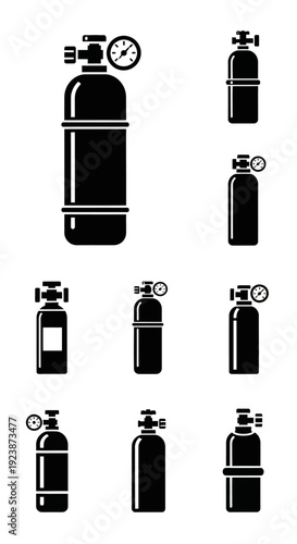 Collection of Black Scuba Diving Oxygen Tanks and Pressure Gauges Icons