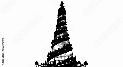 Whimsical spiral tower adorned with trees and lights against a stark background.