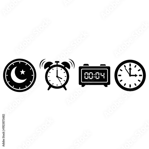 Collection of diverse clocks: moon clock, alarm clock, digital clock, analog clock
